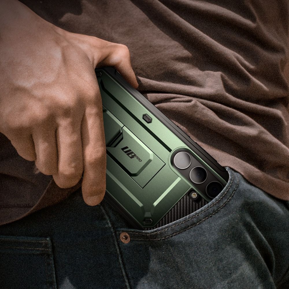 Etui pancerne z osłoną na ekran, z wbudowaną podstawką i kaburą z klipsem obrotowym Supcase Unicorn Beetle Pro do Galaxy S24, zielone